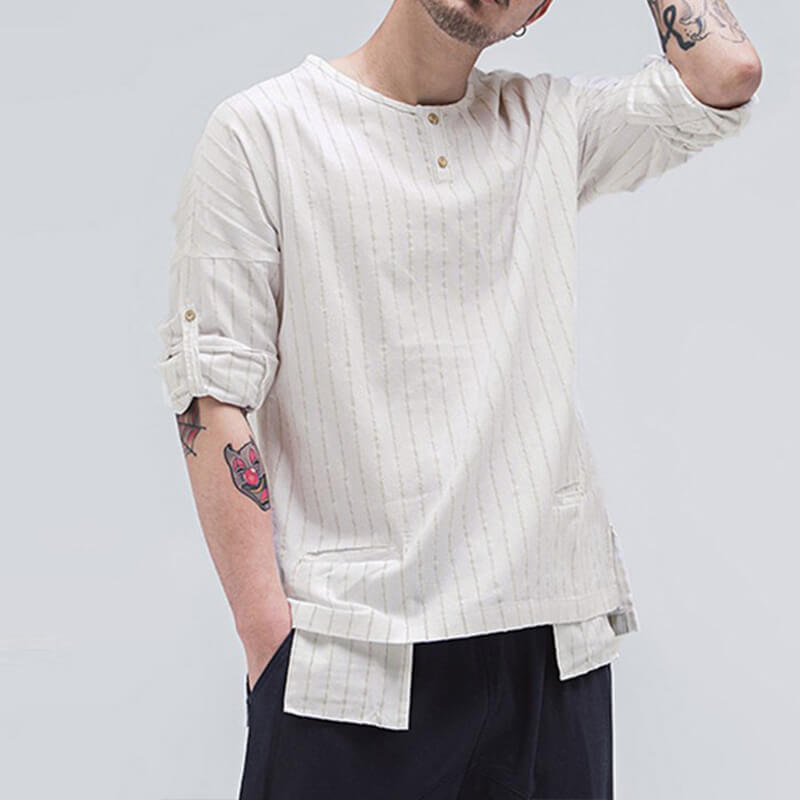 Vyriškos mados dvigubos kišenės su apvalia apykakle, dryžuotomis medvilninėmis ilgomis rankovėmis