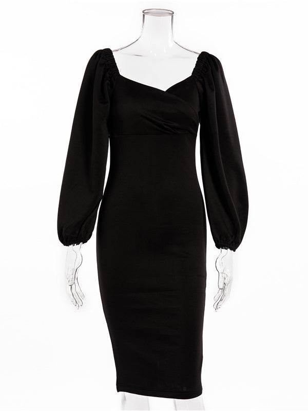 Vestido a media pierna con cuello en v vestido bodycon con mangas hinchadas