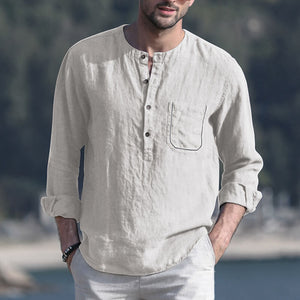 Men&#39;s summer vintage solid color round neck long sleeve long sleeve breathable linen shirt