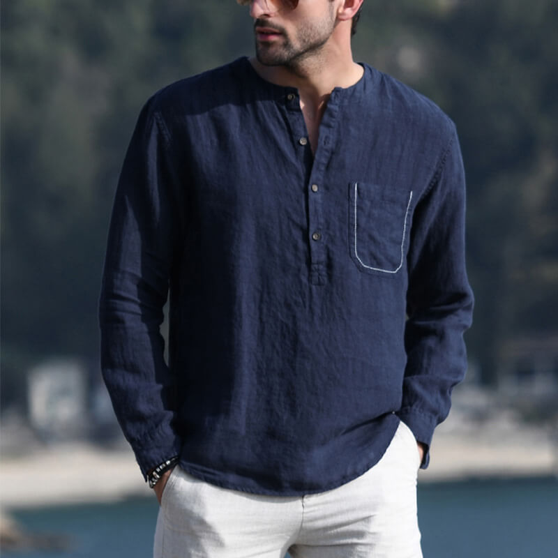 Men&#39;s summer vintage solid color round neck long sleeve long sleeve breathable linen shirt