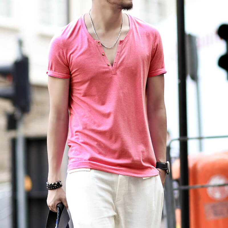 Men&#39;s Summer Cool Comfy Henley Collar Slim Short Sleeve Cotton T-Shirts