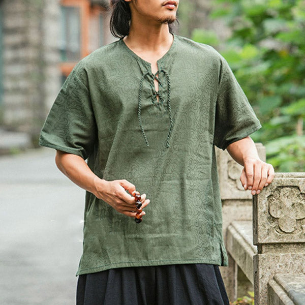 Camiseta retro de algodón y lino estampada para hombre con manga corta