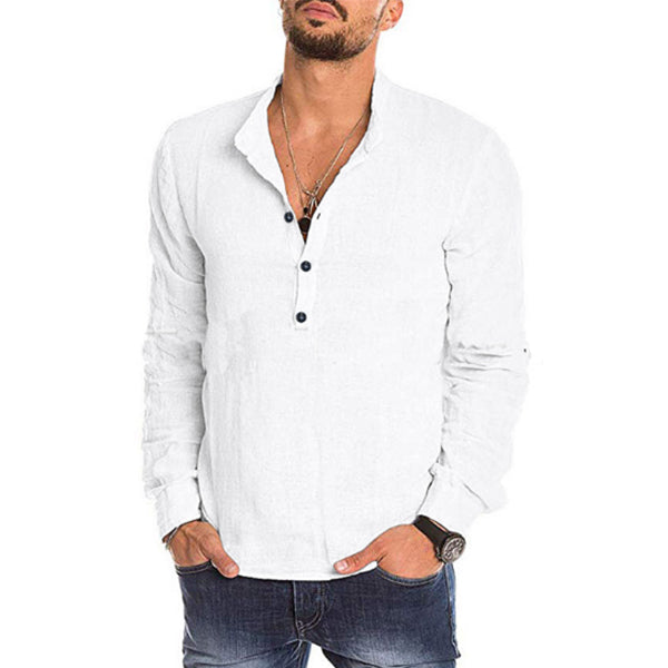 Plain long-sleeved t-shirt with a stand-up collar made of washed cotton and linen for men