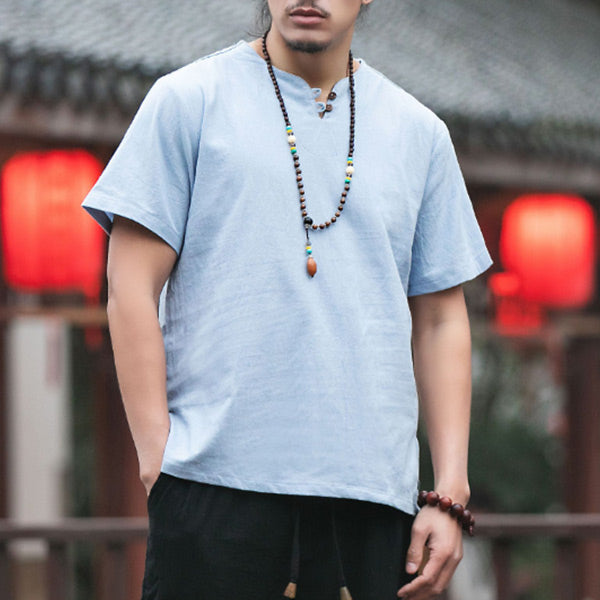 Solid color t-shirt with solid color button in cotton and linen for men