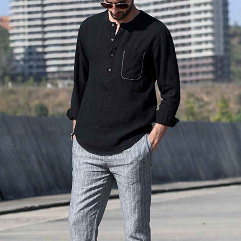 Men&#39;s summer vintage solid color round neck long sleeve long sleeve breathable linen shirt