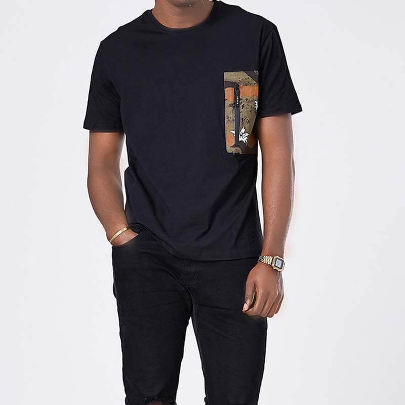 Paprastos kamufliažinės atspausdintos kišenės trumpomis rankovėmis iš medvilnės-juodų vyrams