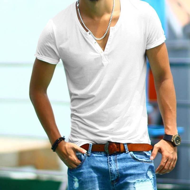 Men&#39;s Summer Cool Comfy Henley Collar Slim Short Sleeve Cotton T-Shirts