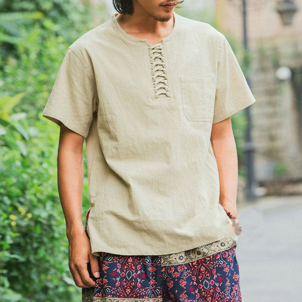 Camisa de hombre de manga corta de algodón y lino.