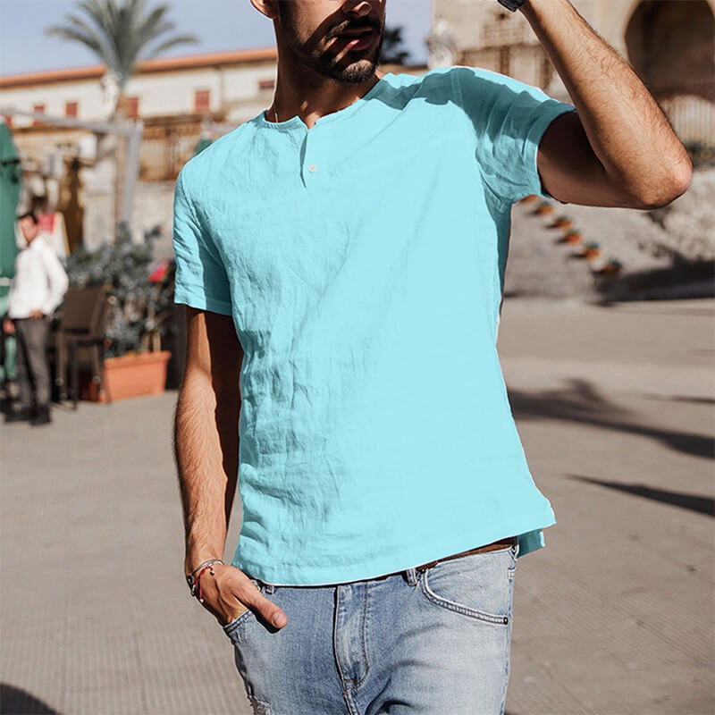 Camisa casual de lino y algodón de manga corta con cuello redondo para hombres