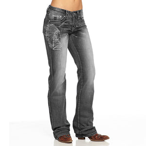 Gestickte, mit Strass gewaschene, verblasste Bootcut-Jeans