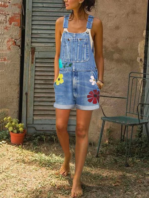 Denim Jumpsuit Shorts für Damen mit Modedruck