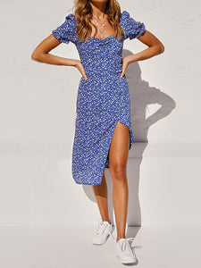Quadratischer Hals Polka Dot Split Midi Kleid