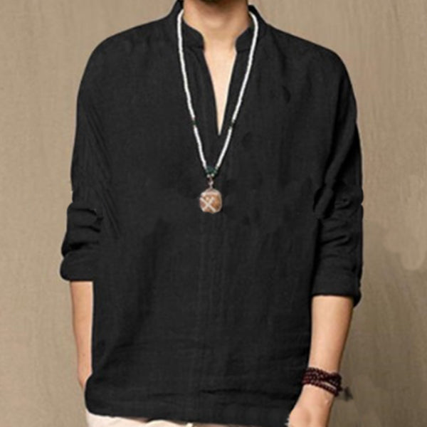 Camisa de lino simple con cuello en V para hombres.