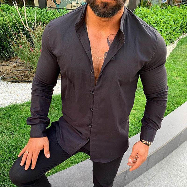 Lässiges einfarbiges Hemd aus Baumwolle und Leinen mit Stehkragen für Herren