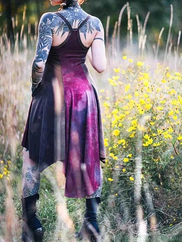 Frauen Vintage gefärbte Riemen unregelmäßigen Saum Kleid
