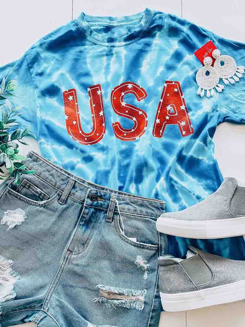 Frauen USA Star Print Blue Tie-Dye Kurzarm