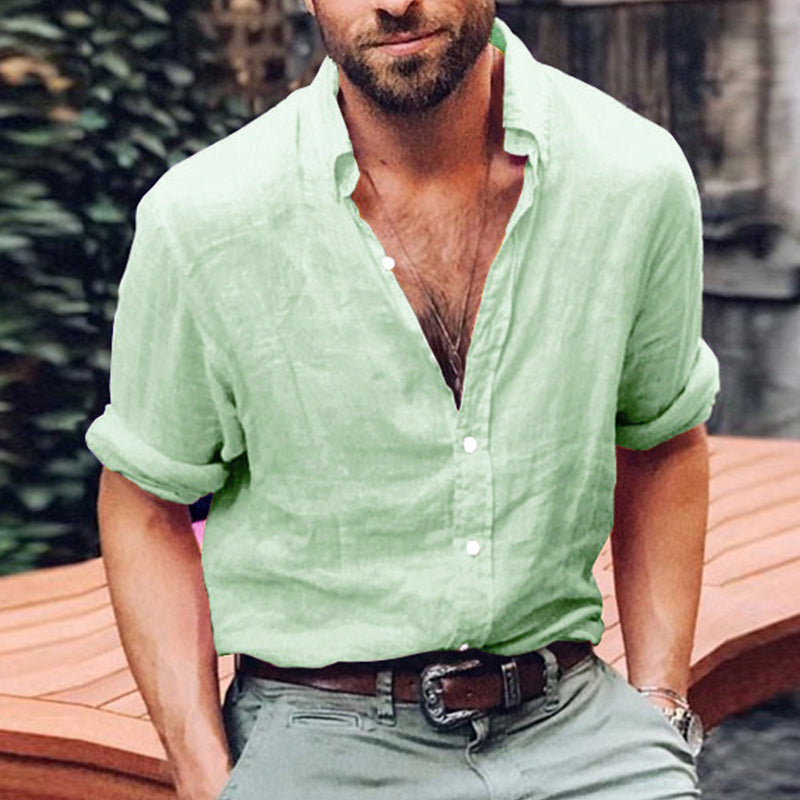 Kasdieniai vyriški lininiai marškiniai su V formos apykakle