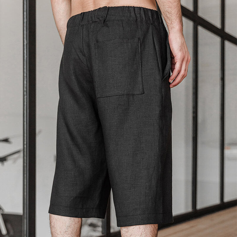 Clásico ligero Cordón sencillo y suelto para hombre Negro Cómodo pantalón de lino natural Pantalón corto