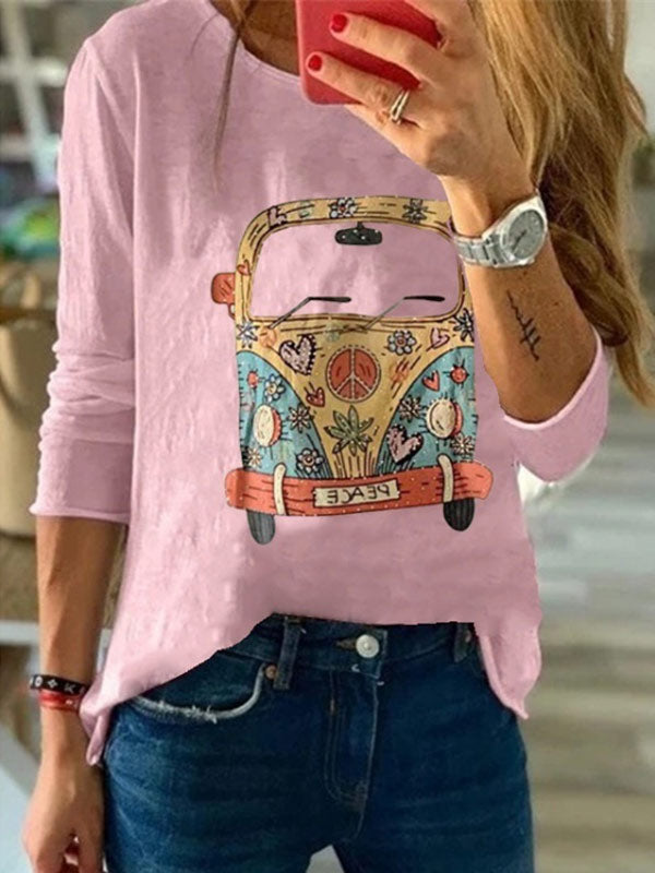 Camiseta de manga larga con cuello redondo y estampado de pecho para mujer