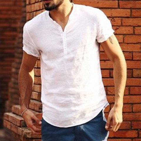 Herren-Kragen Baumwoll Leinen Kurzarm Shirt