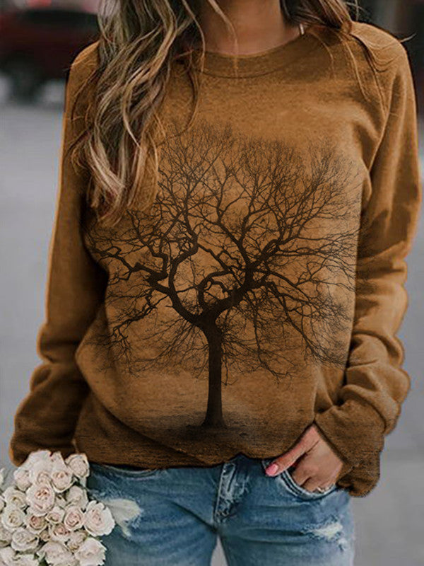 Damen Baum Schatten Print Crew Neck Casual Top