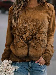 Damen Baum Schatten Print Crew Neck Casual Top