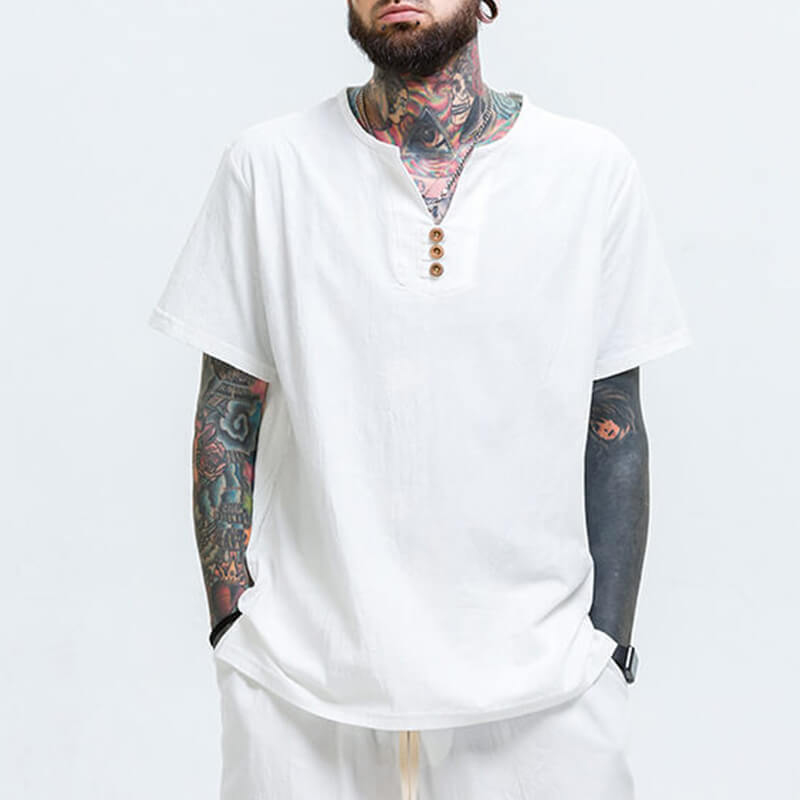 Vyriški vintažiniai patogūs trumpų rankovių medvilniniai marškiniai trumpomis rankovėmis ir V formos kakleliu