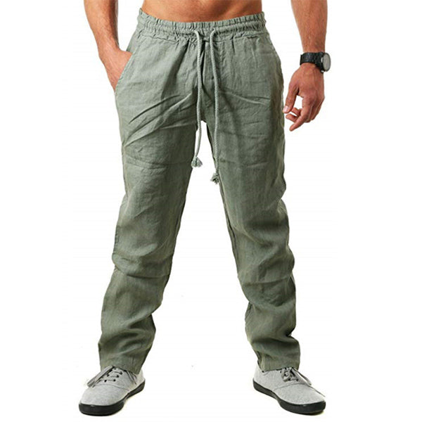 Negabaritinės medvilninės ir lininės kelnės vyrams su laisva virve