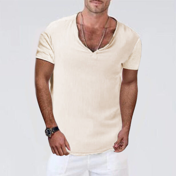 Ethnisches Kurzarm-T-Shirt aus Baumwolle und Leinen für Herren