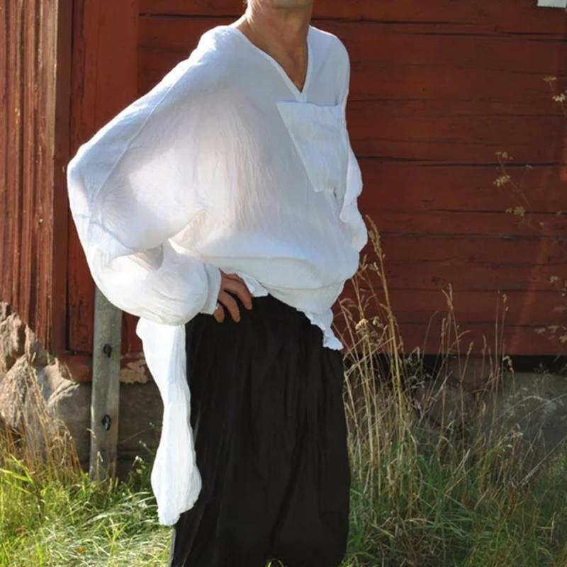 Camisa de lino liviana urbana con cuello en V y manga larga suelta urbana para hombre