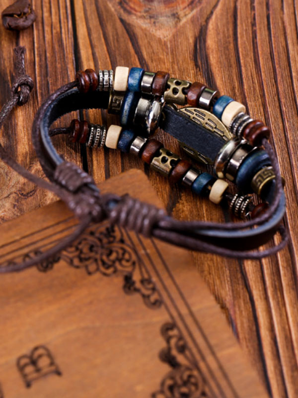 Pulsera de piel de vaca tejida multicapa para mujer