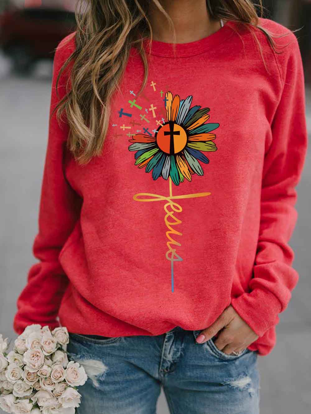 Damen Jesus Sunflower Cross Farbdruck Sweatshirt