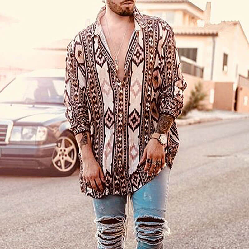 Vyriški mados marškinėliai su etninėmis etniškomis laisvomis ilgomis rankovėmis