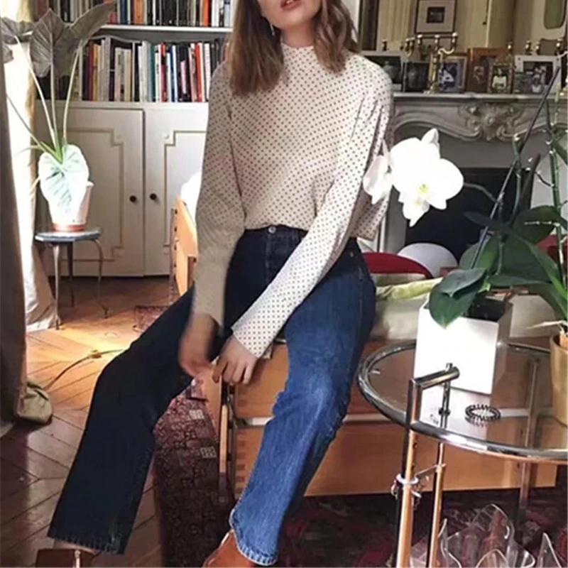 Blusas de lunares sin espalda con cuello redondo y espalda abierta de manga larga vintage