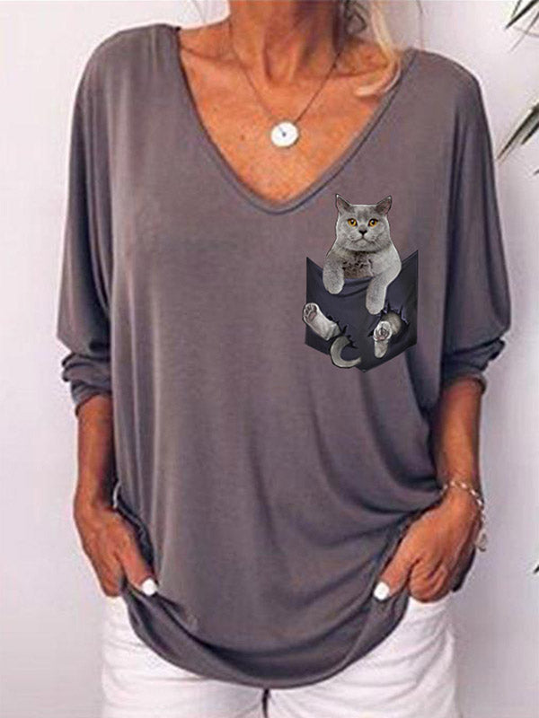 Einfarbige Cat-Print-Tops mit V-Ausschnitt