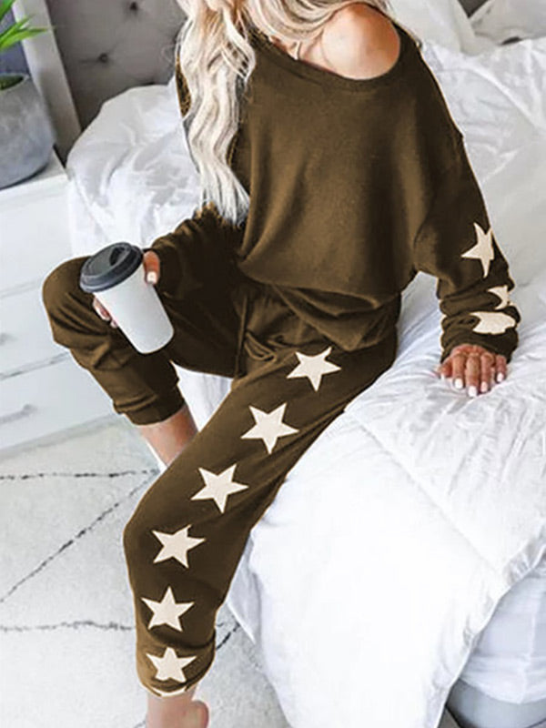 „Damen Loose Star Print Off Schulterpullover Hosen Set &amp; Home Wear“