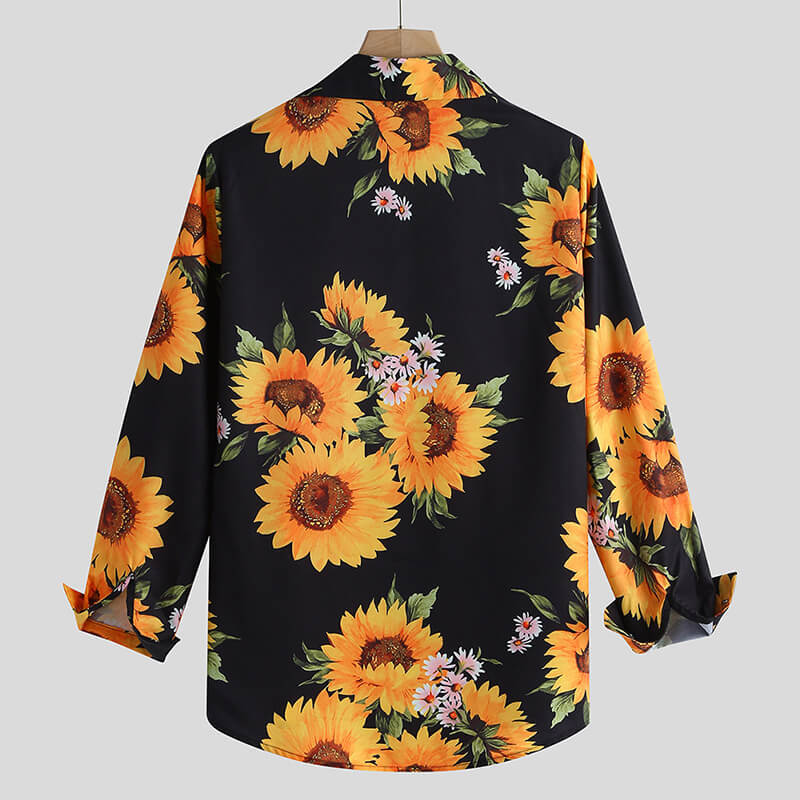 Men&#39;s fashion sunflowers Printed long-sleeved cotton blend shirts