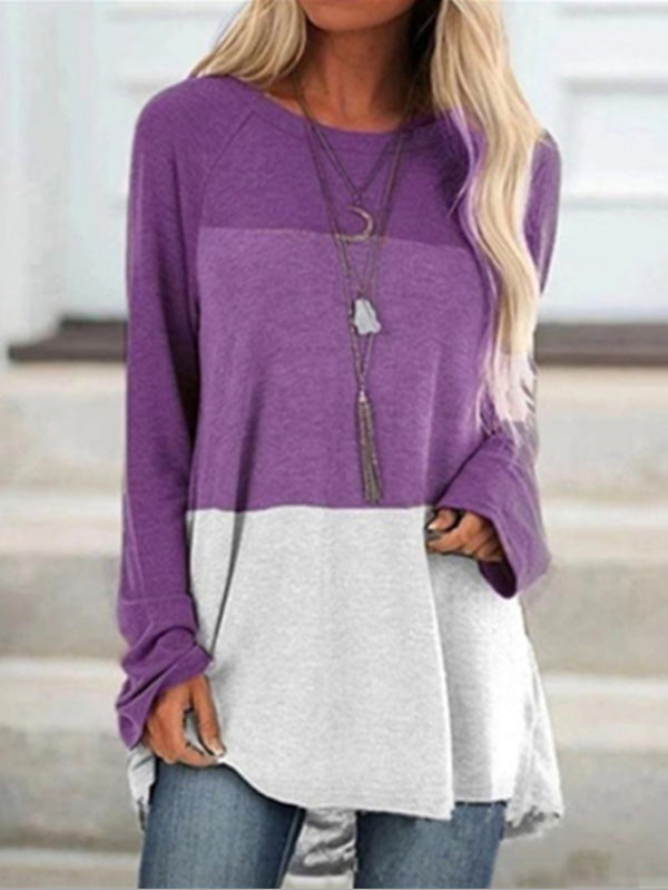 Camisa color block para mujer con manga larga y cuello redondo.