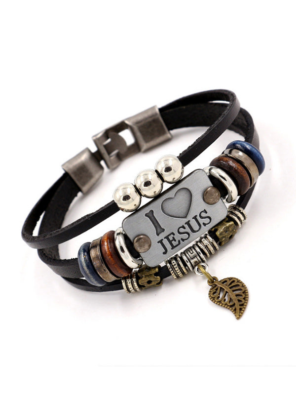 Pulsera de cuero con cuentas vintage I Love JUSES unisex
