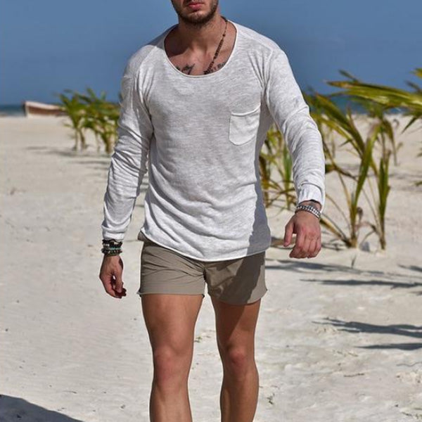 Vienos spalvos marškinėliai apvaliomis kaklomis ilgomis rankovėmis vyrams