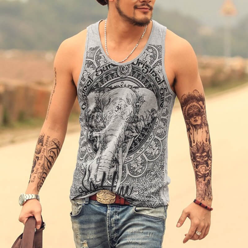 Chaleco de algodón estampado de elefante delgado sin mangas casual hippie de verano para hombres
