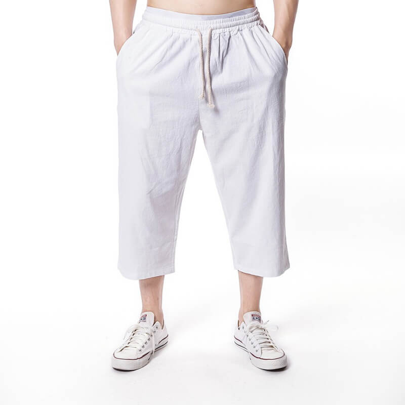 Cordones sueltos cómodos de color sólido para hombres de verano de pantalones de lino claro