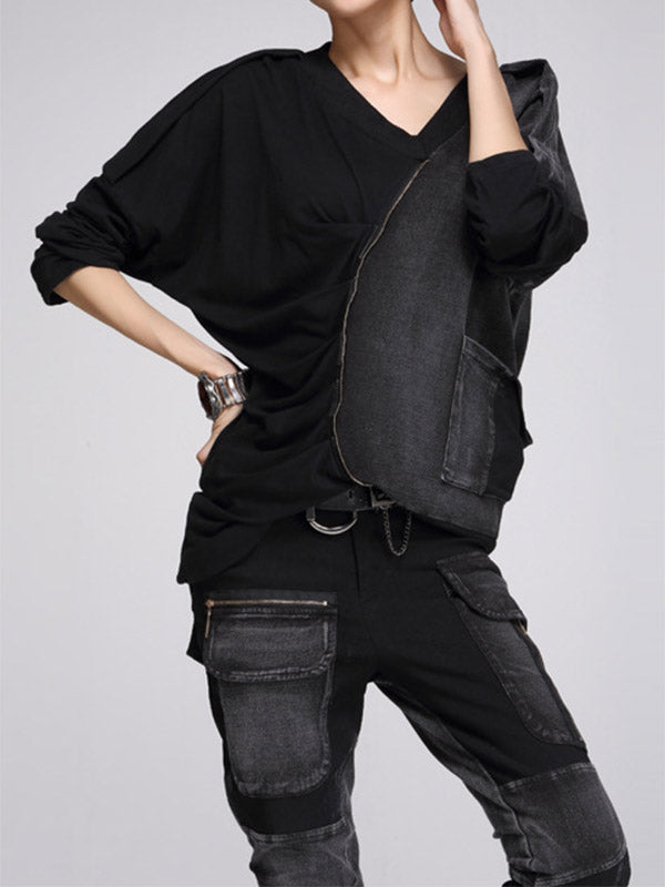 Camisa de manga larga con cuello en V para mujer