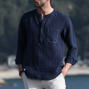 Men&#39;s summer vintage solid color round neck long sleeve long sleeve breathable linen shirt