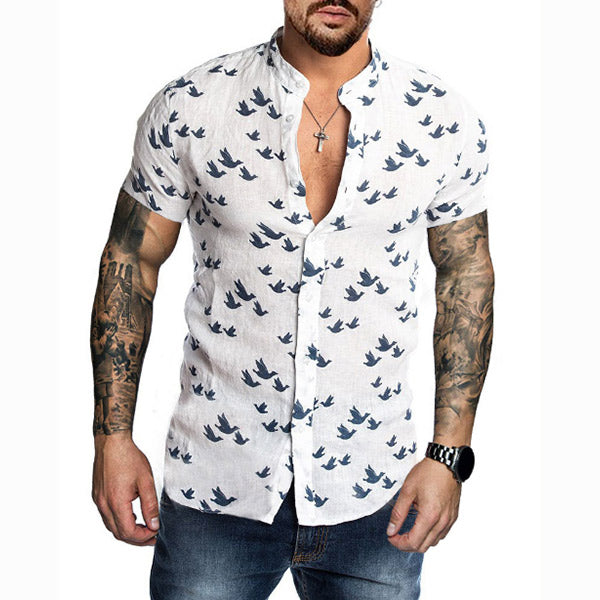 Camisa de lino estampada en 3D con manga corta para hombre