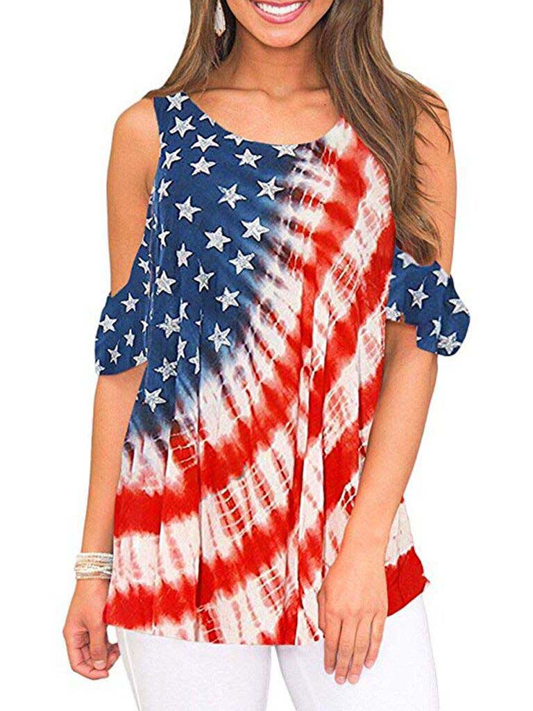 Damen Amerikanische Flagge Rundhalsausschnitt Trägerloses Kurzarm-Oberteil