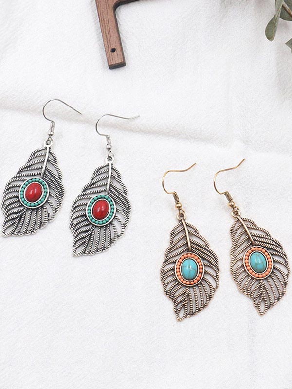 Pendientes turquesa de plumas de hoja hueca para mujer