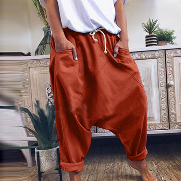 Color natural, pantalones harem de algodón lavados al azar para hombres