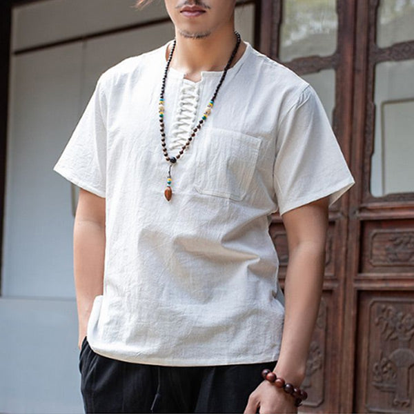 Camisa de hombre de manga corta de algodón y lino.