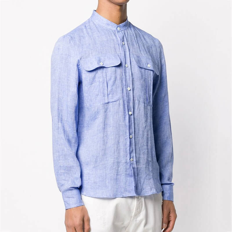Herren Classic Summer Breathable Stand Collar Langarm-Leinenhemden aus natürlichem Leinen